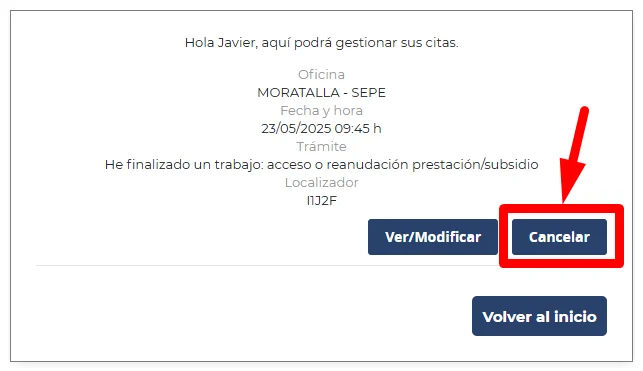 Boton para cancelar cita SEPE