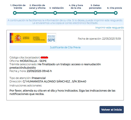 Cita del SEPE pedida correctamente