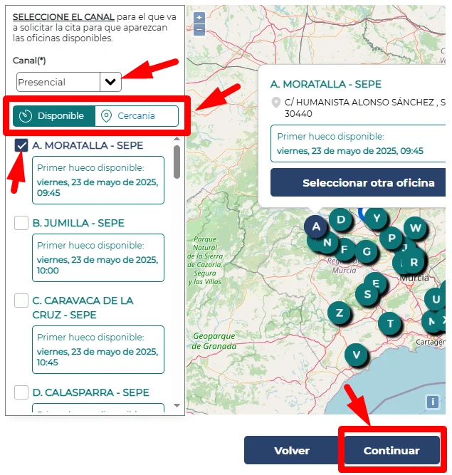 Seleccionar oficina del SEPE para cita